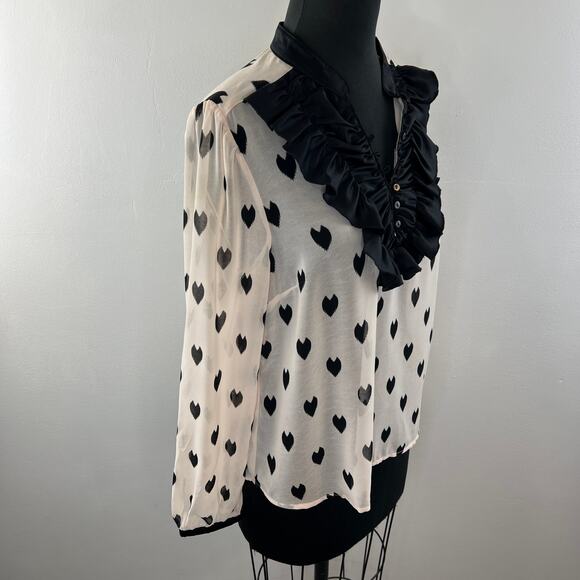 H&M Divided Beige Black Heart Ruffle Neckline Button-Down Long Sleeve Blouse M? - Picture 5 of 6